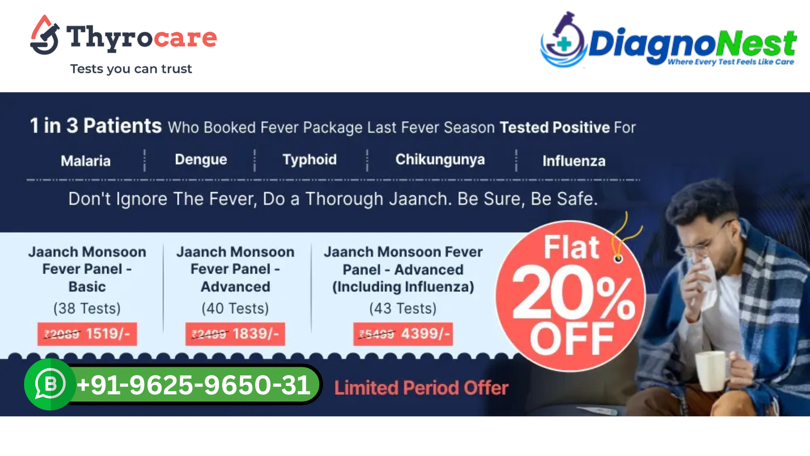 Complete fever Panel in Noida Ext, Powered By Thyrocare Lab , which Covers Dengue Test, Malaria test, Tyhpoid